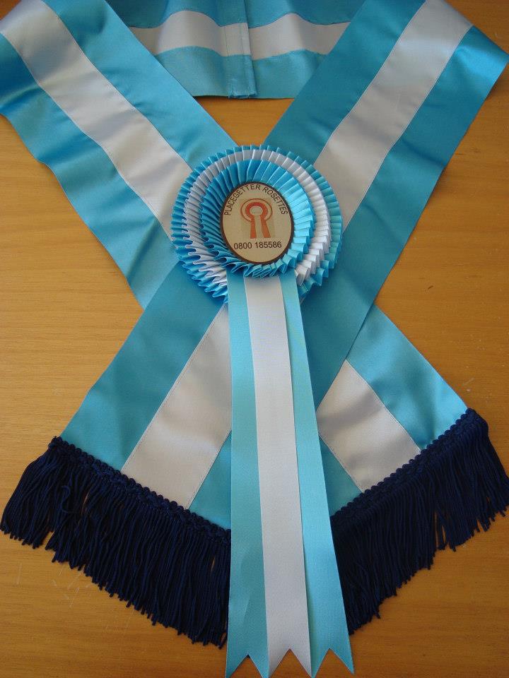 V Sash Deep Aqua White Deep Aqua with matching Treble Oval Rosette